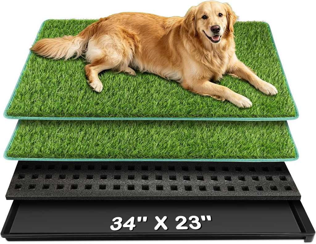 Dog Grass Pad with Tray 34x23in, 2 Pack Artificial Grass for Dog Litter Box, Leak-Proof Dog Potty Tray with EPE Foam Pad