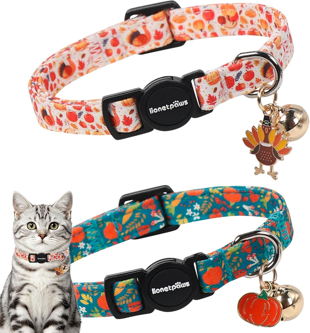 LIONET PAWS 2 Pack Breakaway Cat Collars, Cute Soft Cotton Plaid Gingham & Blue Stripe Kitten Collars with Bell for Boy 