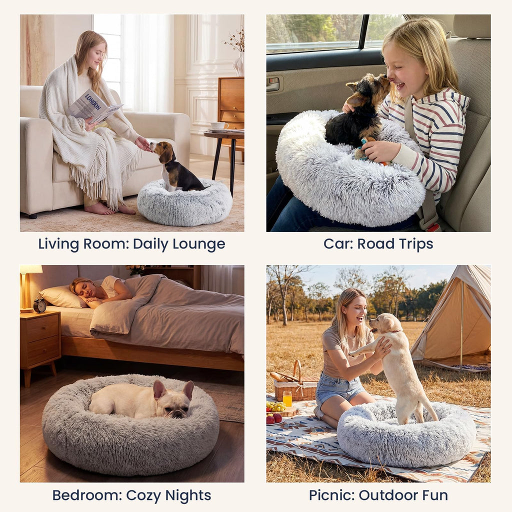 JOLLYVOGUE Small Dog Bed, Calming Dog Beds for Small Dogs & Indoor Cats - 20 Inches Donut Washable Cat Bed for Kittens & Puppies, Round Fluffy Plush Faux Fur Pet Beds(Smoke Grey)