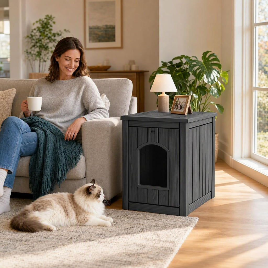 Cat House Outdoor Indoor Use, Weatherproof Cat Box Enclosure, Black