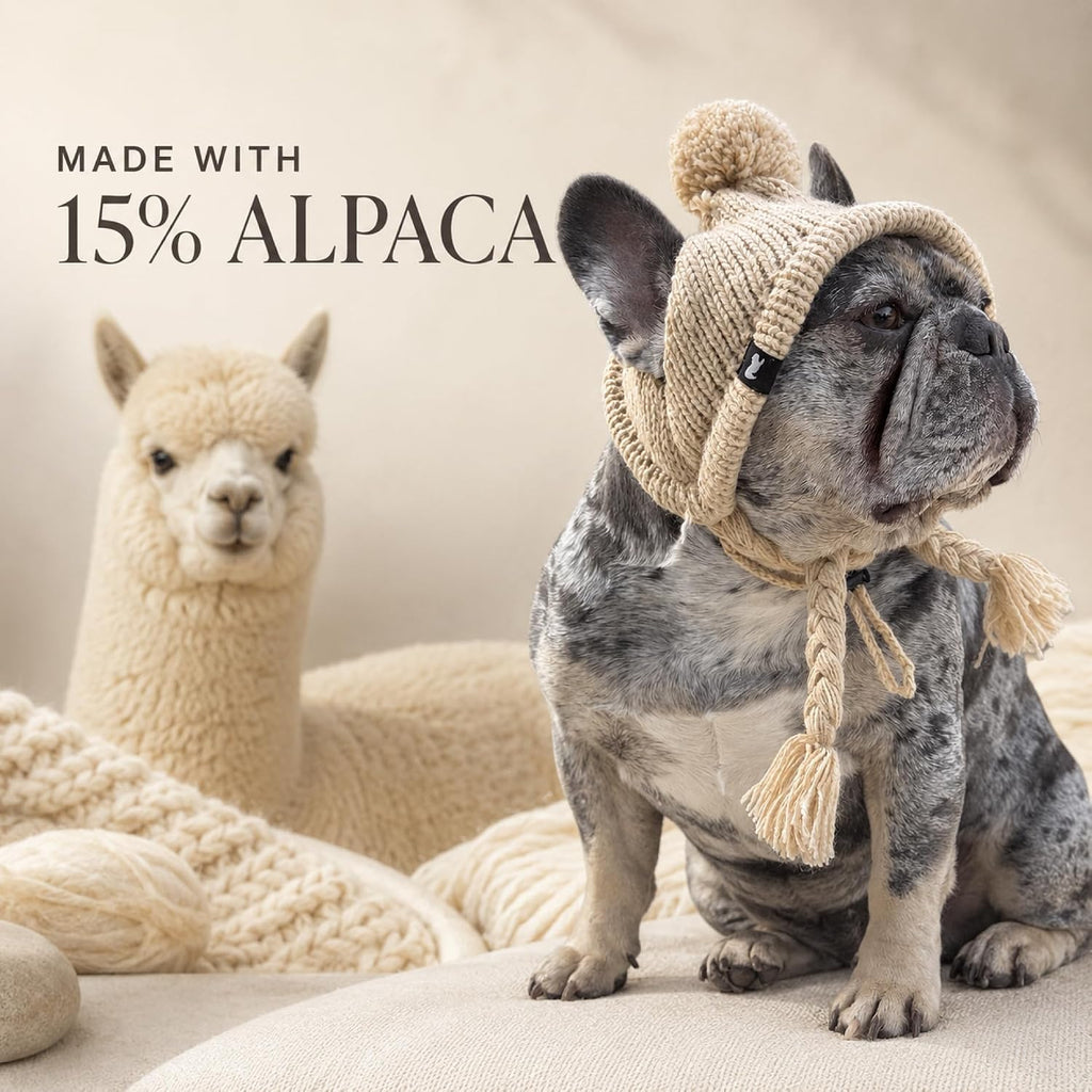 Cozy Ears Alpaca Blend Winter Dog Hat, Dog Beanie, Ear Holes, Beige, L
