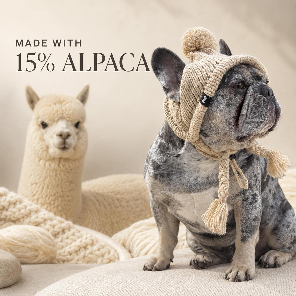 Cozy Ears Alpaca Blend Winter Dog Hat, Dog Beanie, Ear Holes, Beige, L
