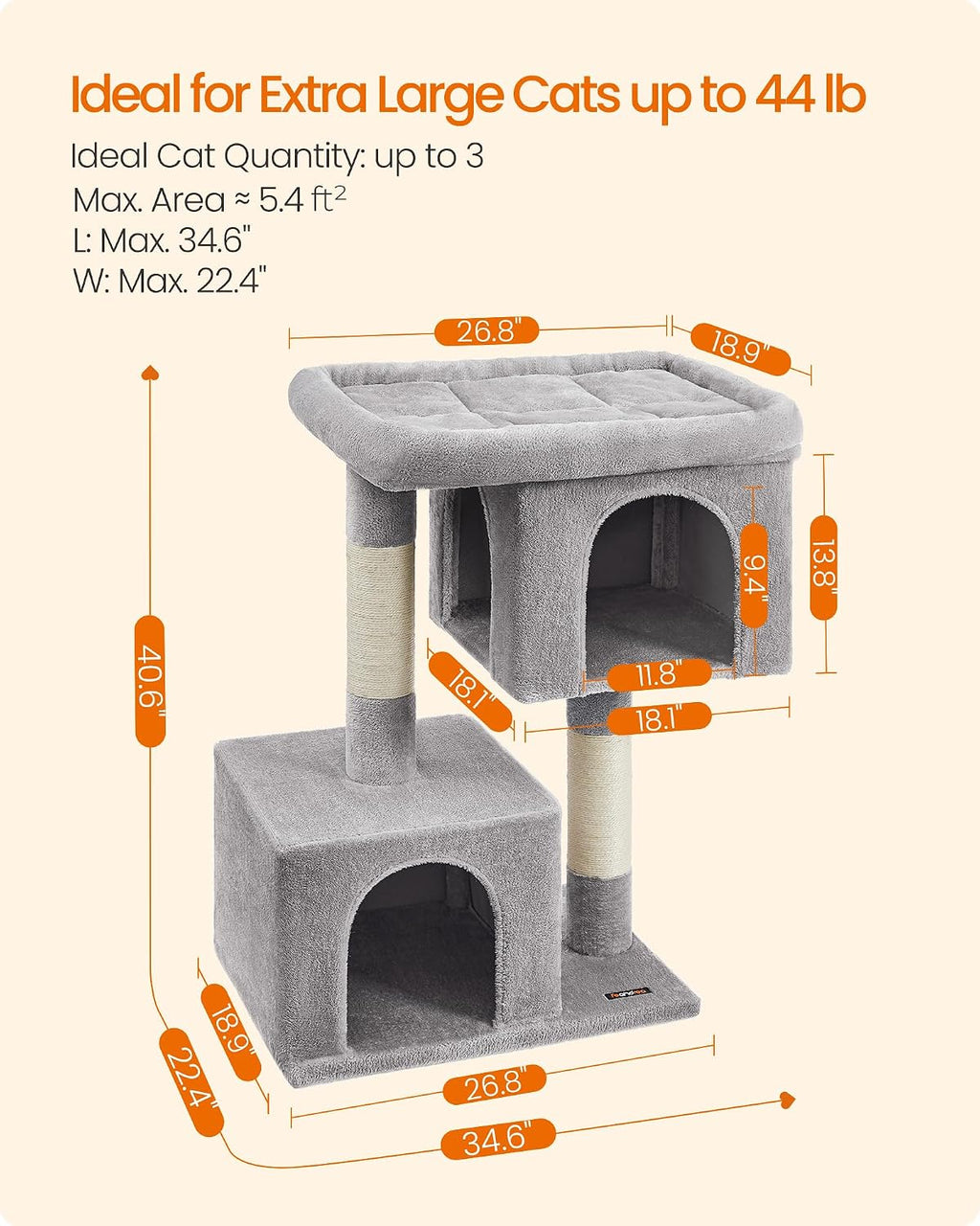 Feandrea Cat Tree, 40.6-Inch Tall Cat Tower, Cute Plush Condo, Light Gray