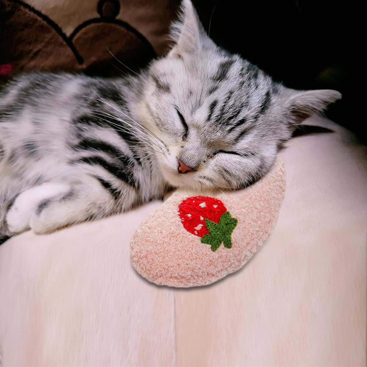 Cat Calming Pillow for Indoor Pet Soft Fluffy Neck Pillow(Pink, Strawberry)