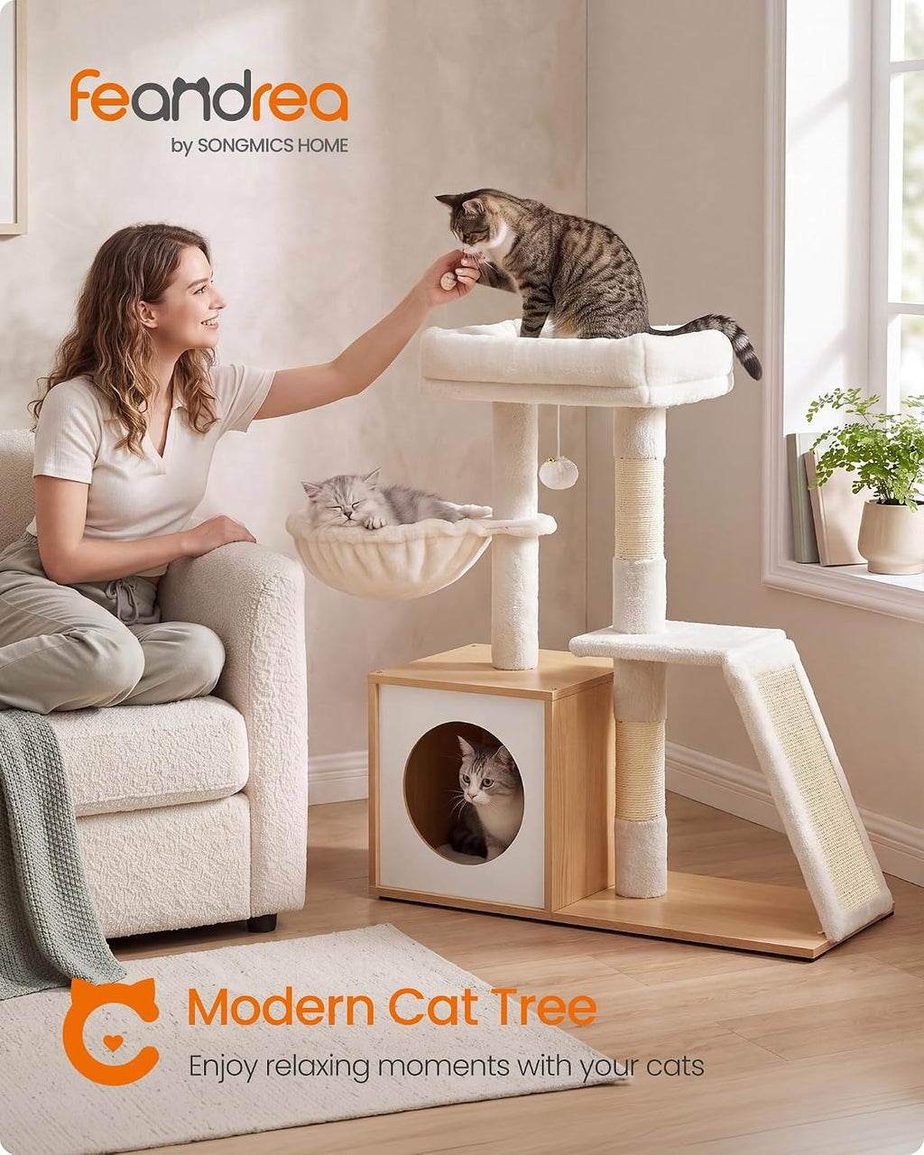 Feandrea Cat Tree, 3-Tier Cat Tower with Scratching Post and Wood Condo