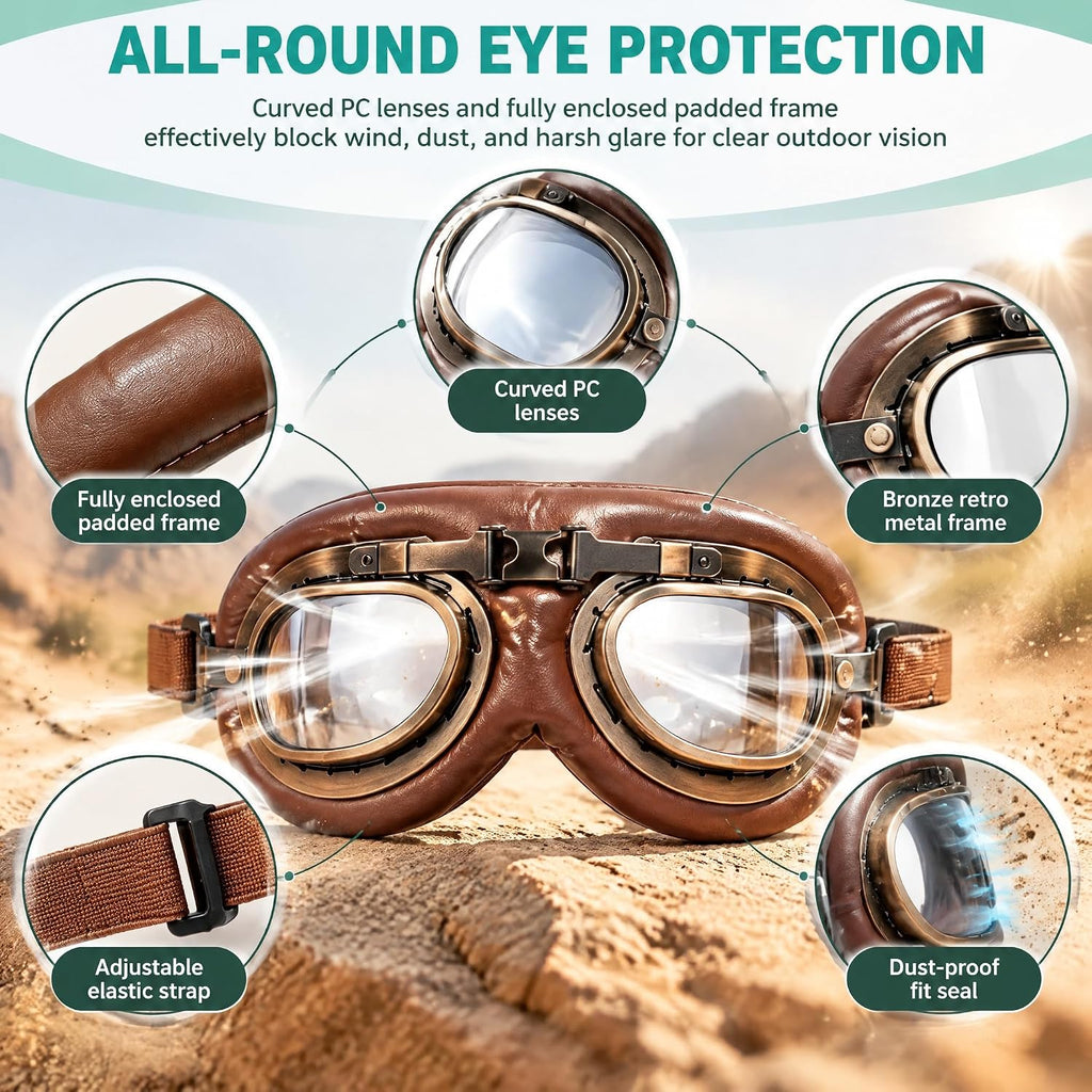Vintage Dog Goggles Adjustable Strap Retro Aviator Foldable PC Lens
