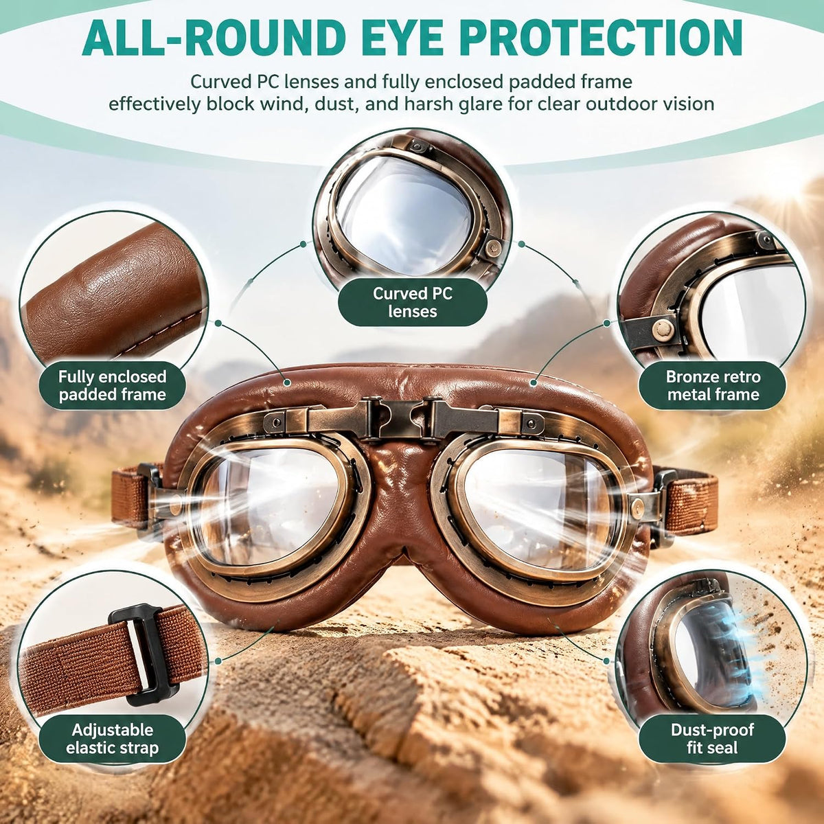 Vintage Dog Goggles Adjustable Strap Retro Aviator Foldable PC Lens