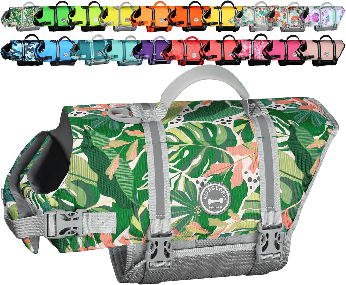 VIVAGLORY Dog Life Vest Rip Stop Dog Swim Vest, M, Floral