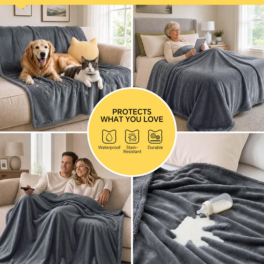 Waterproof Pet Blanket, Liquid Pee Proof Dog Blanket for Sofa Bed Couch, Reversible Sherpa Fleece Furniture Protector Cover for Small Medium Large Dogs Cats, Dark Gray Small（40" x 28"）