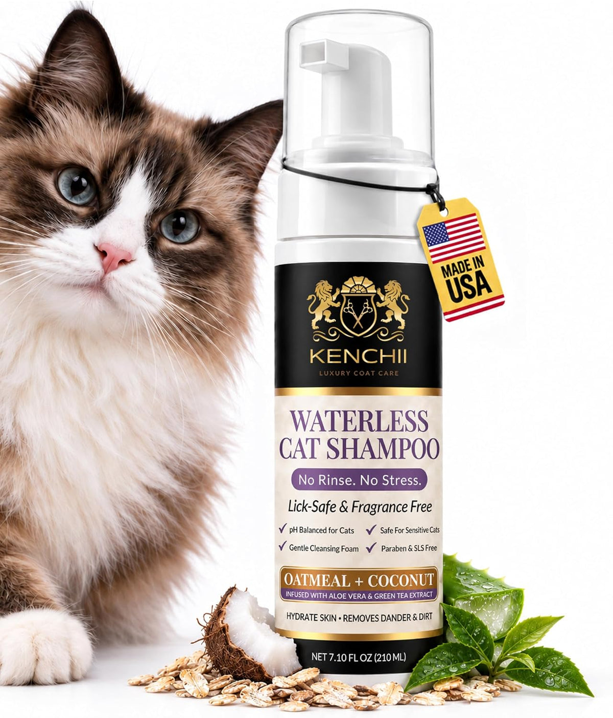 Kenchii Waterless Cat Shampoo - No Rinse Cleansing Foam, Gentle & Lick-Safe