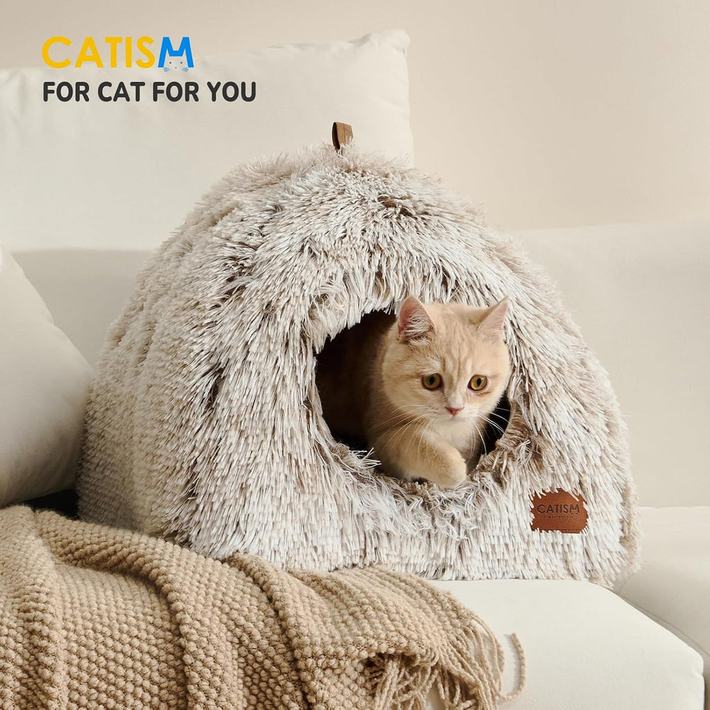 Cat Bed, Cat Cave for Indoor Cats, Soft Cat Dome, Self-Warming 2 in 1 Foldable Pet Cat House with Washable Cushioned Pil