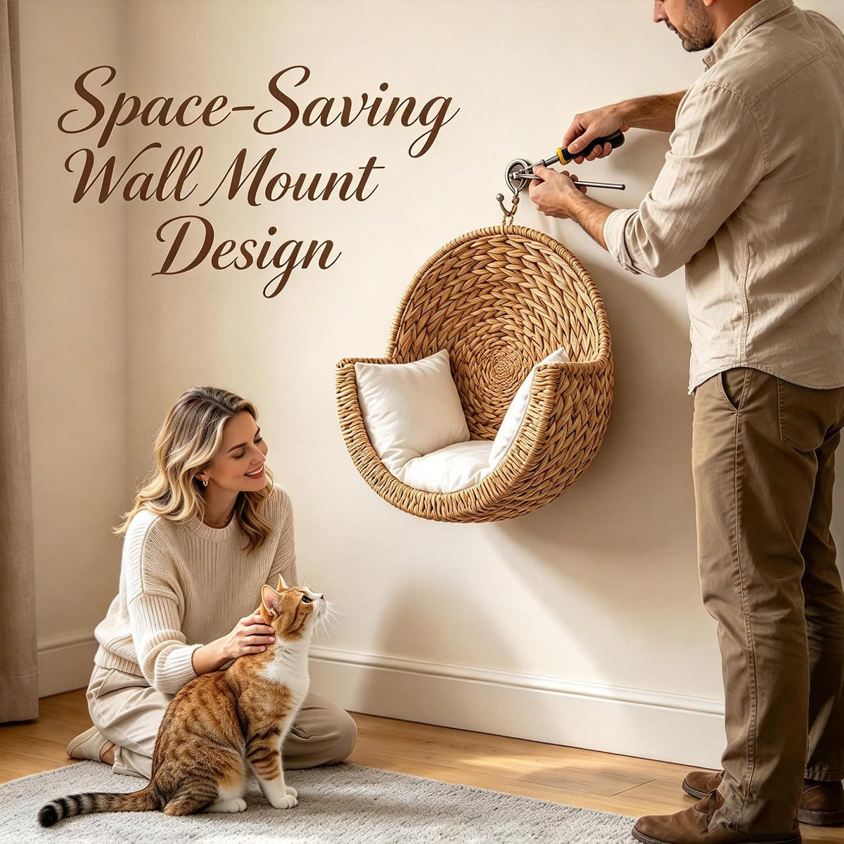 Wooden Handwoven Hanging Cat Bed, Boho Wall Mounted Cat Perch