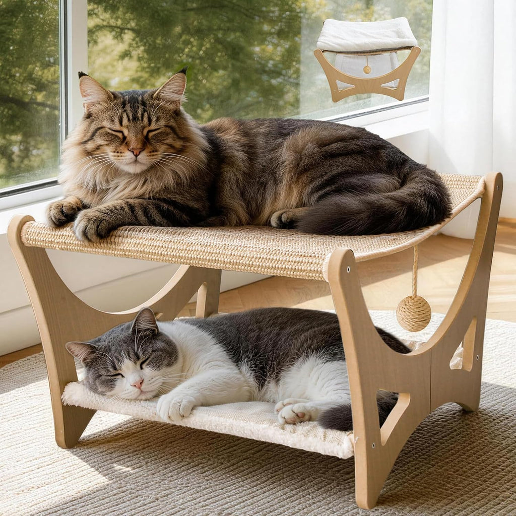 Cat Hammock Bed, Wooden Elevated Cat Beds with Natural Sisal Scratching Mat, Cats Scratcher Bed with Removable Soft Cush