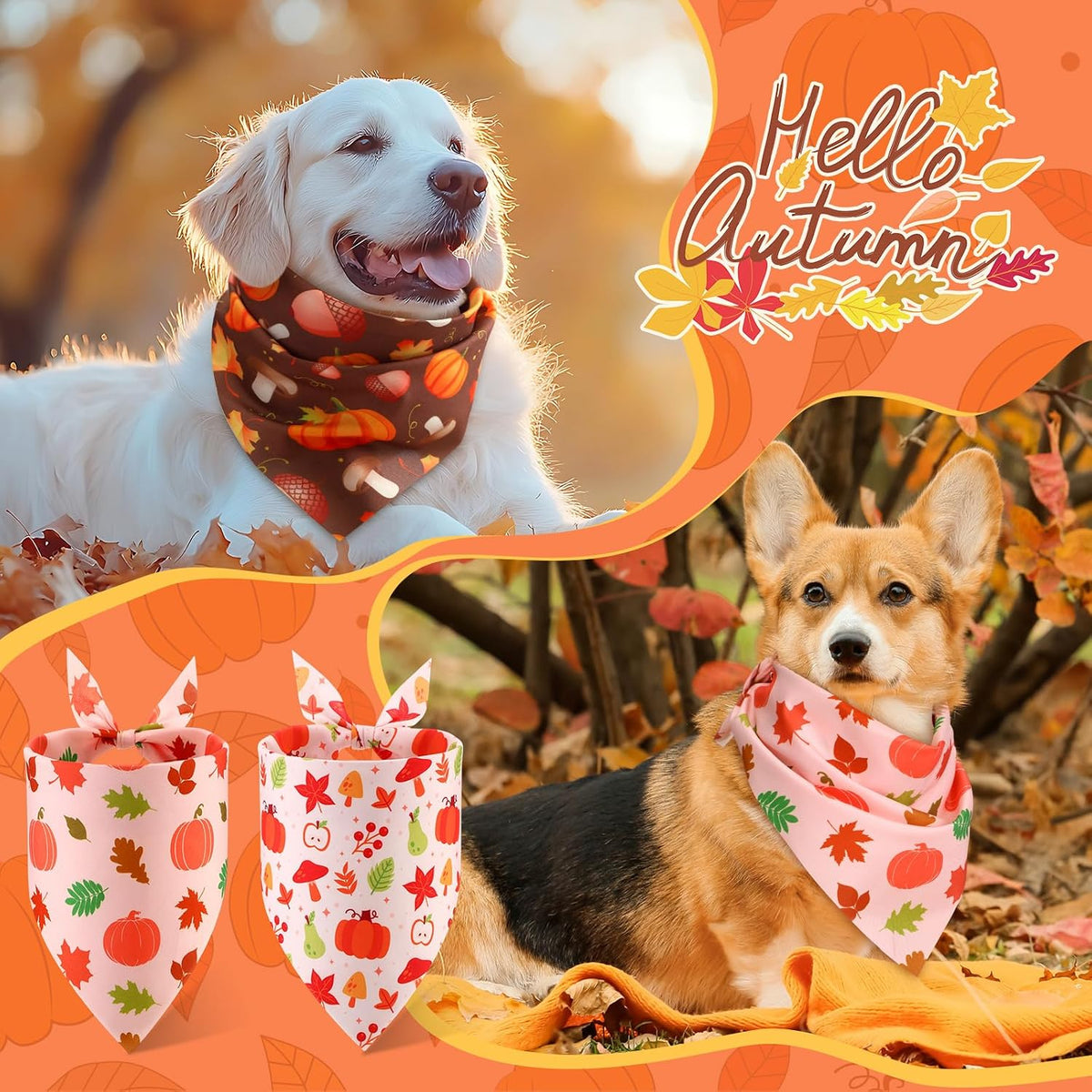 Abbylike 50 Pcs Fall Thanksgiving Dog Bandanas Bulk, Pumpkin, Large Dogs