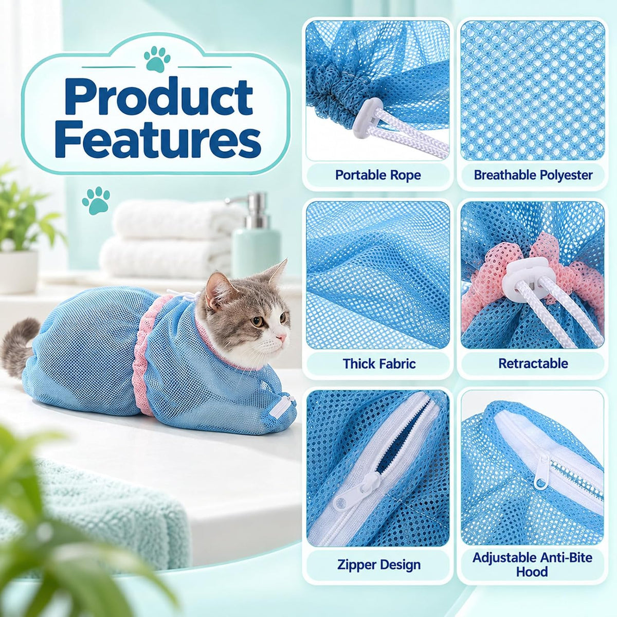 Cat Wash Bag, Adjustable Breathable Mesh Pet Restraint Bag