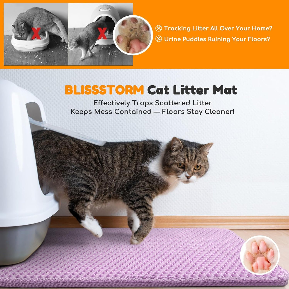 Cat Litter Mat 24"x16",Double Layer EVA Litterbox Mat Purple