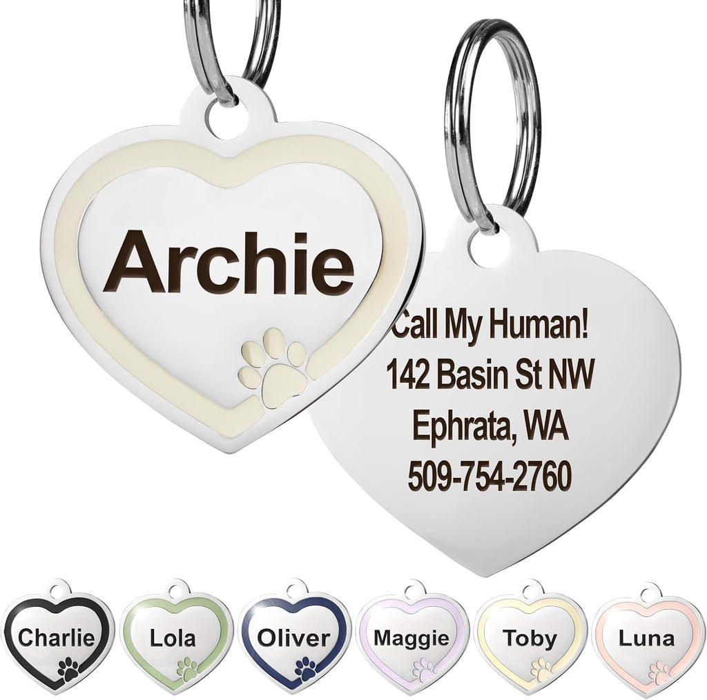 GoTags Stainless Steel Pet ID Tag Bone Round and Heart Shaped Paw Design