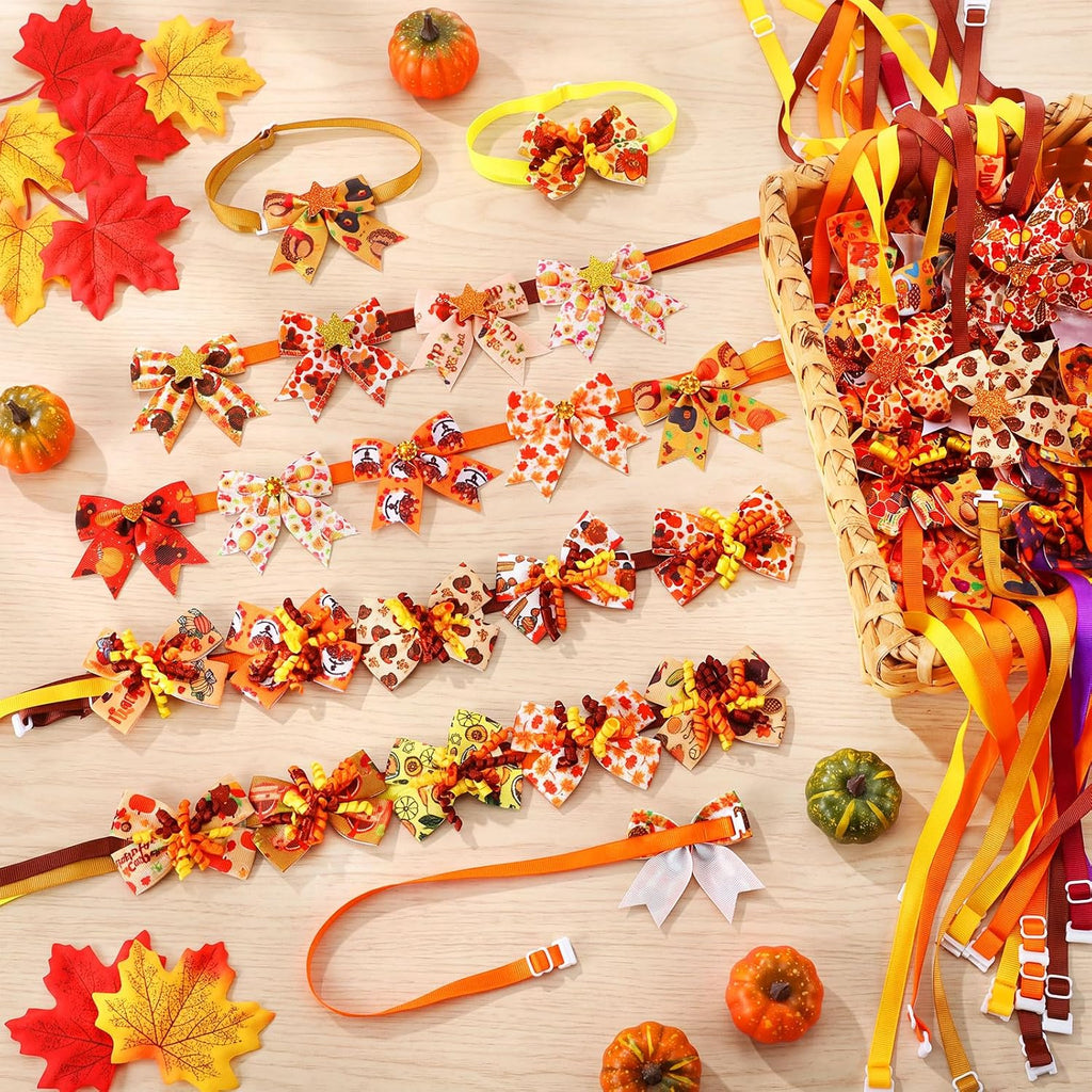 Huhumy 50 Pcs Fall Dog Bowties Bulk Thanksgiving Pet Grooming Bows