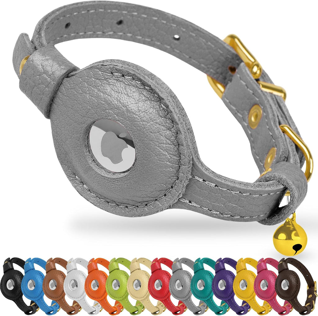 OOPSDOGGY Leather AirTag Cat Collar with Bell - Non Breakaway Kitten Collar with Apple Air Tag Holder - Lightweight GPS 