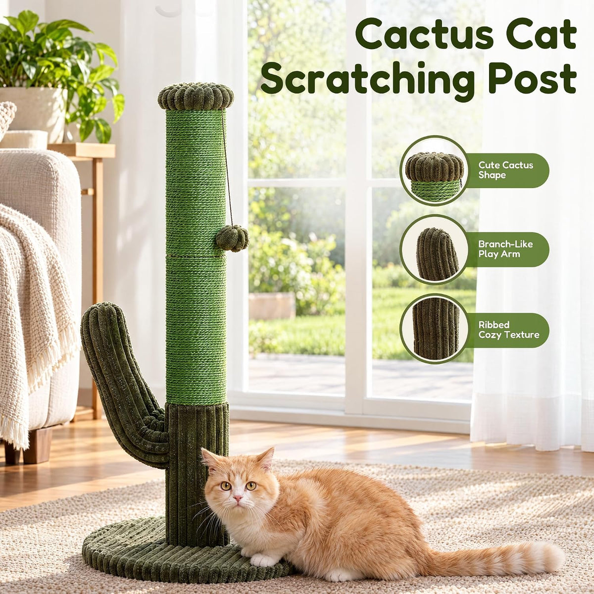 Cactus Cat Scratching Post, Natural Sisal Cat Scratcher with Toy
