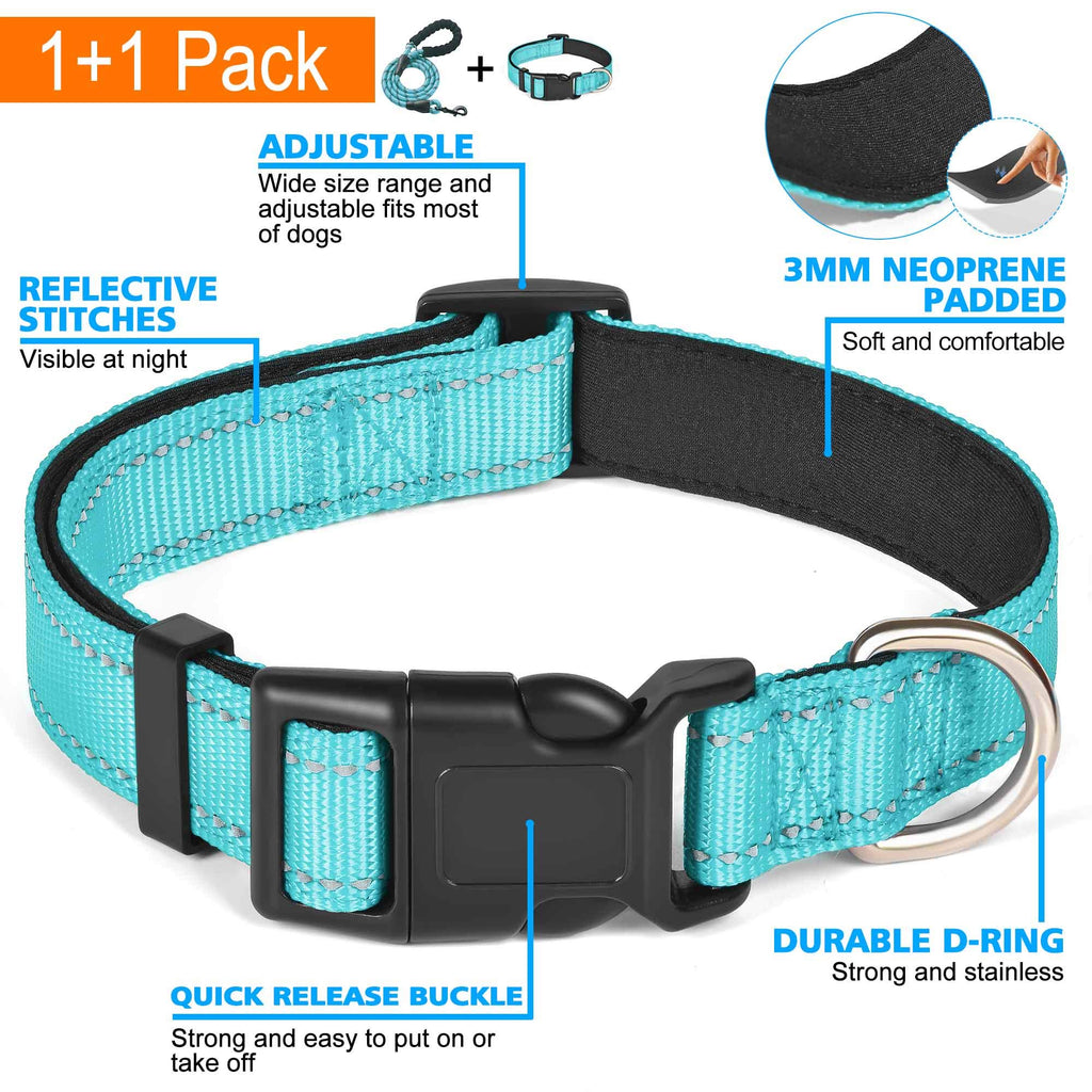 Ladoogo Reflective Dog Collar Padded with Soft Neoprene, Medium, Turquoise