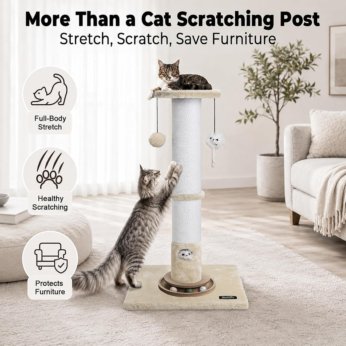 35-Inch Tall Cat Scratching Post, Stable Base for Large Cats, Beige