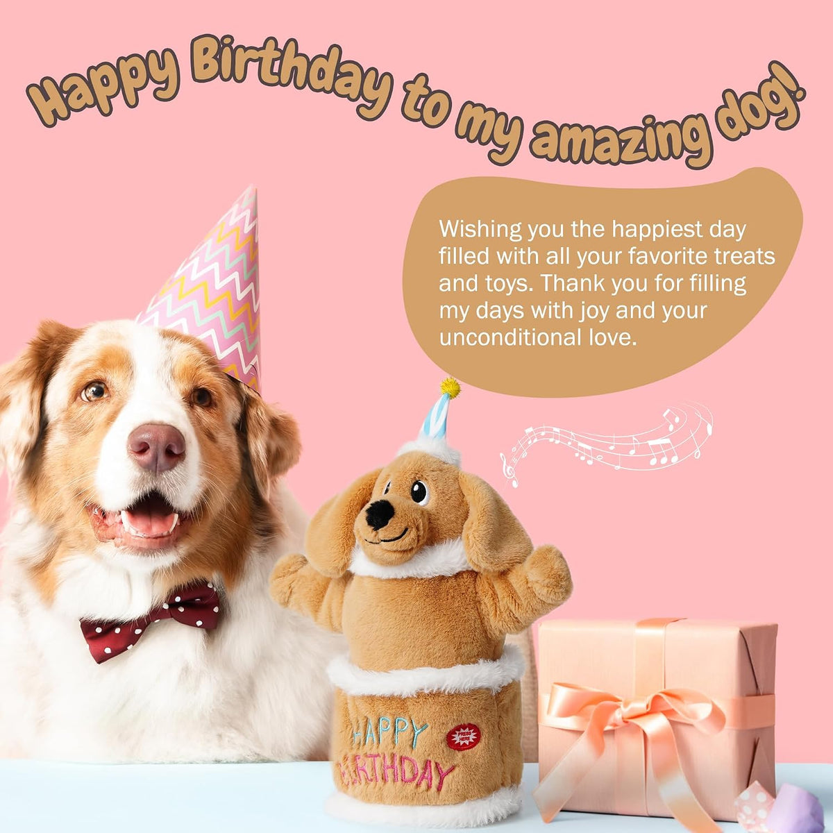 Fuzzwoof Dog Birthday Cake, Interactive Singing & Dancing Dog Birthday Toy with Birthday Song, Plush Musical Puppy Toy f