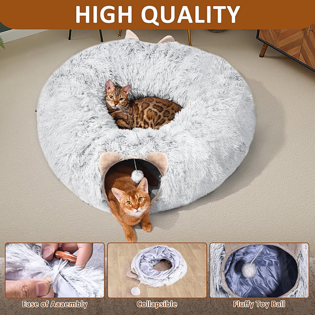 Cat Tunnel with Cat Bed for Indoor Cats, Under Christmas Tree Soft Plush Peekaboo Cat Cave Donut Tunnel, Multifunctional