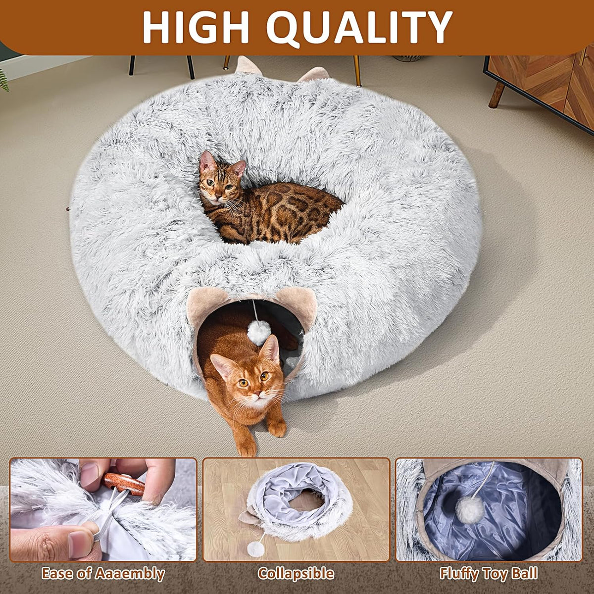 Cat Tunnel with Cat Bed for Indoor Cats, Under Christmas Tree Soft Plush Peekaboo Cat Cave Donut Tunnel, Multifunctional