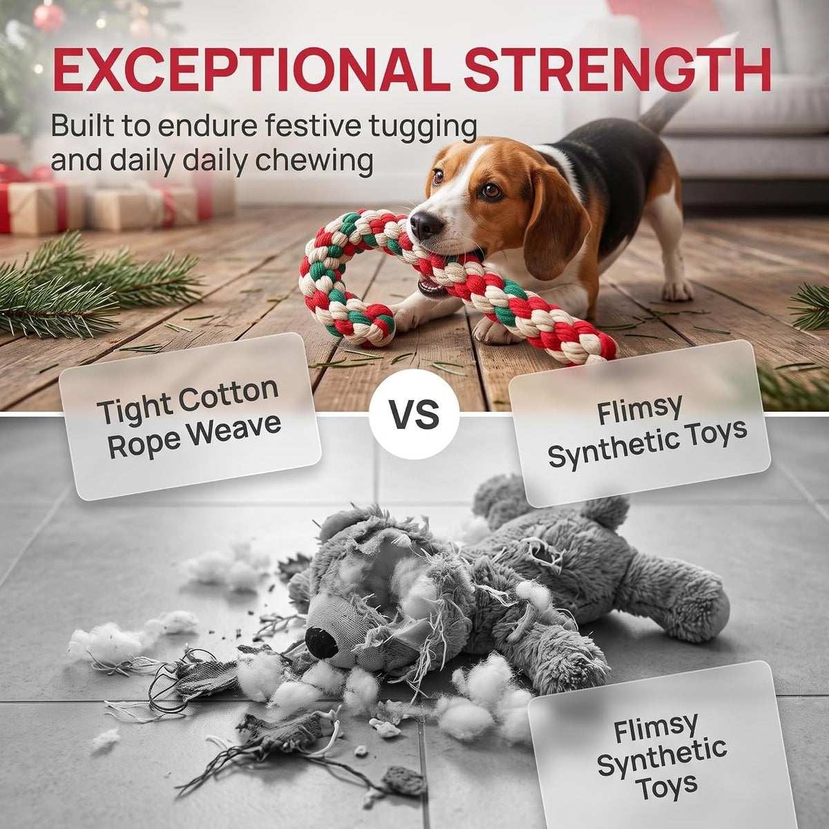 4 Pack Christmas Dog Rope Toys, Candy Cane Pet Toys for Interactive Play