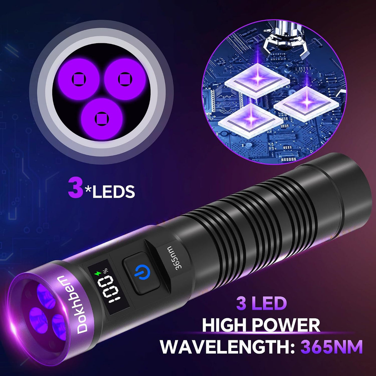 365nm 3LED UV Flashlight Black Light Powerful UV Light Rechargeable