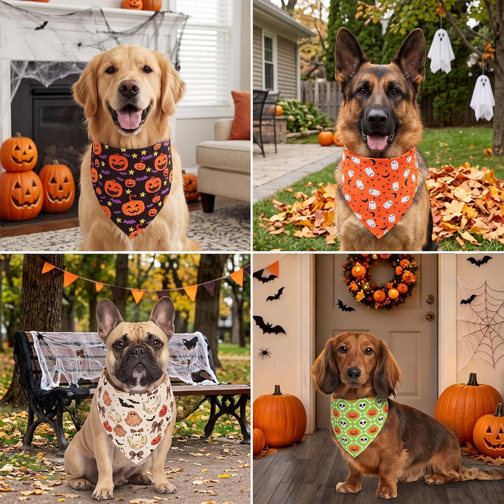 PTDECOR 4 Pack Halloween Dog Bandanas Pumpkin Ghost Bow Fall Scarf, Large