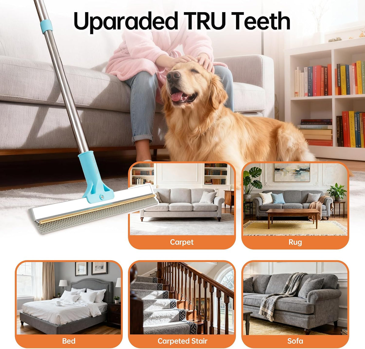 Carpet Rake for Pet Hair Removal Tool, 2 in 1 TPU and Copper Rake Teeth Uproot Clean Hair Remover with 63’’ Adjustable L