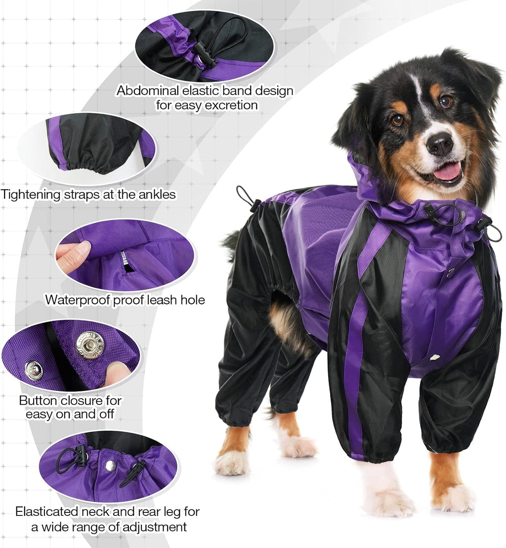 Dog Raincoat, 4 Leg Waterproof Dog Rain Jacket with Hood, Purple M