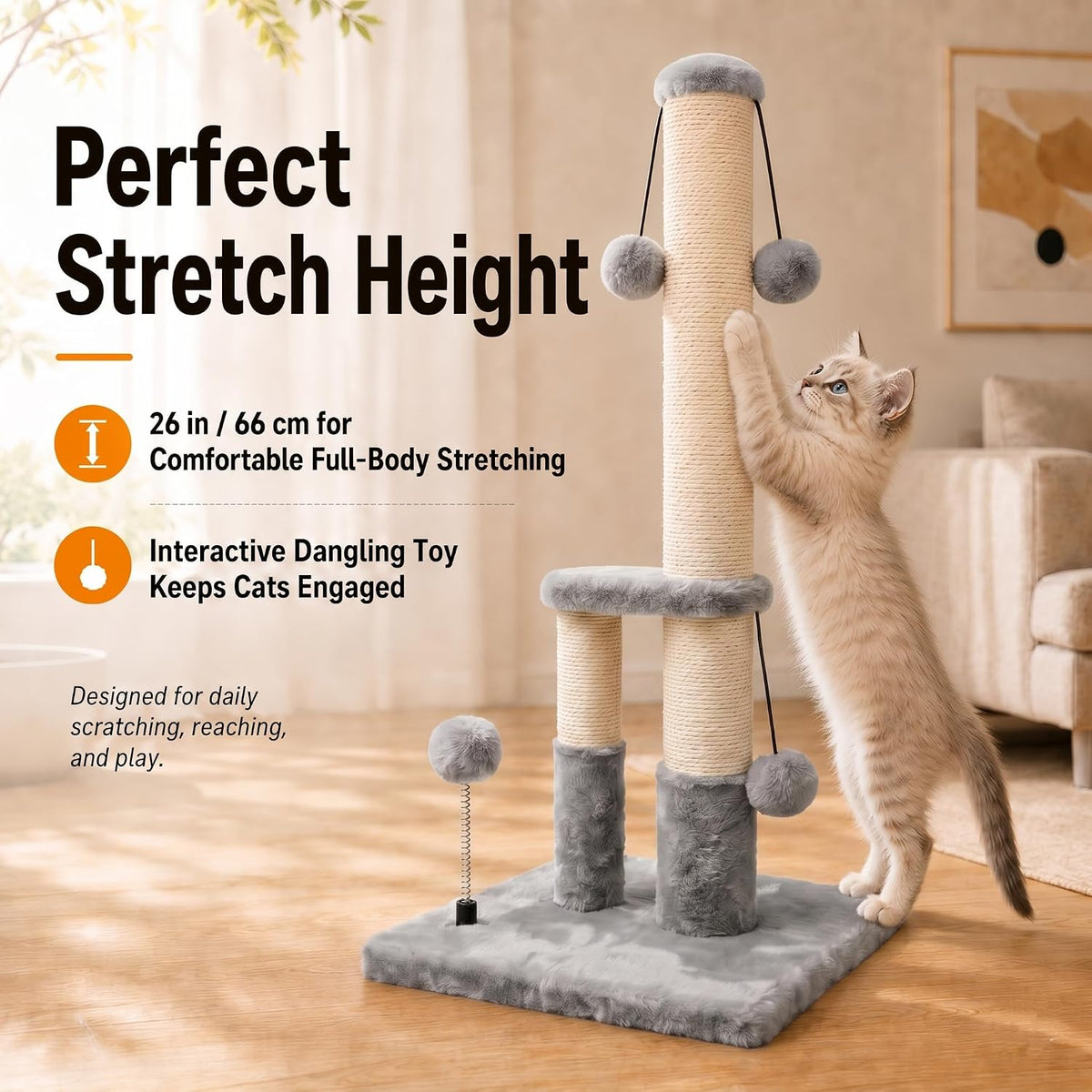 Dimaka Tall Cat Scratching Post, Double Lower Posts Extra Stable Cat Post Tree Scratcher with Sisal Rope and Teasing 4 B