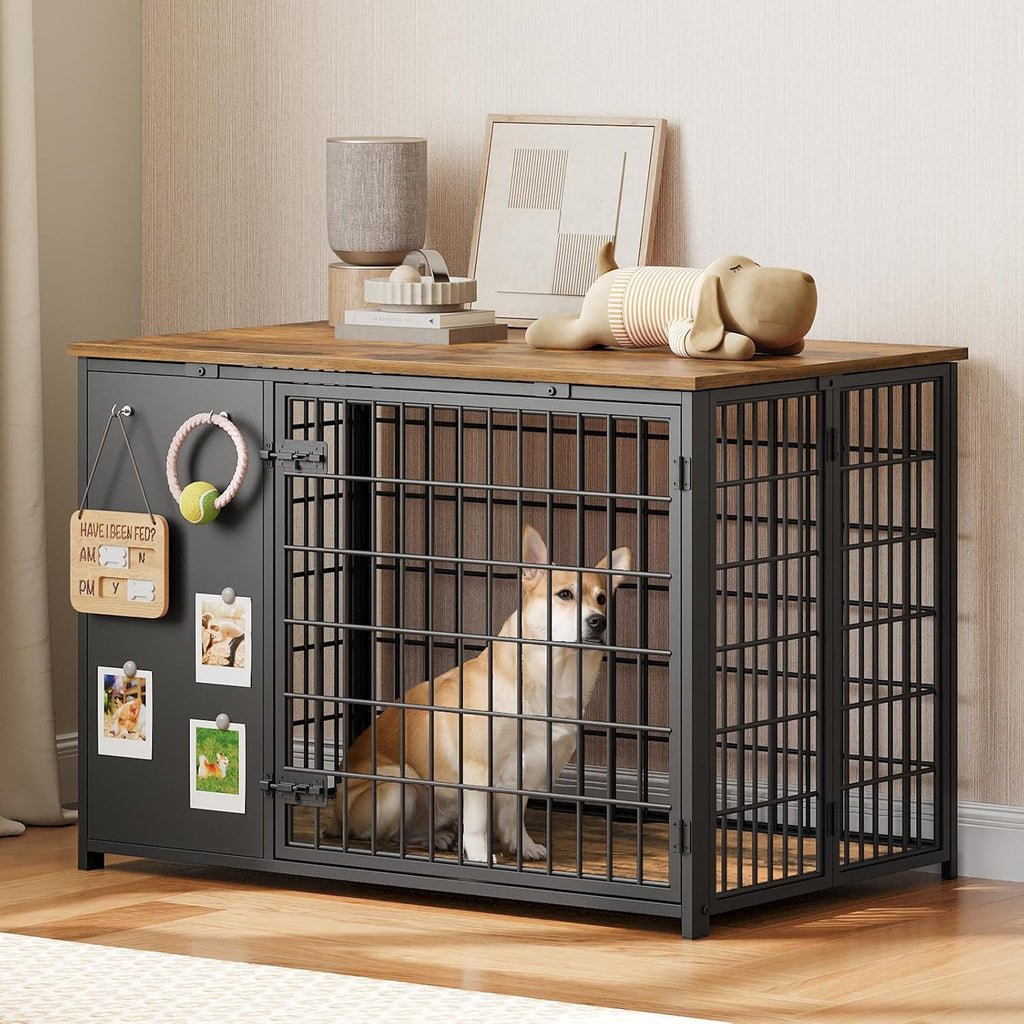 YATINEY Foldable Dog Crate Furniture, Dog Crate with DIY Frame, Heavy Duty Dog Kennel Indoor with Hooks, Wooden Dog Cage