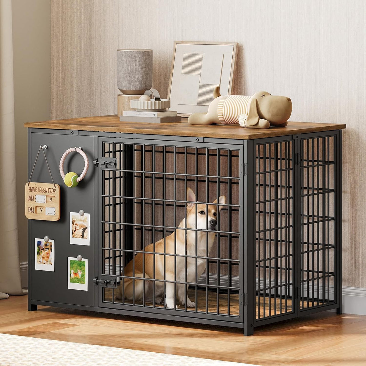 YATINEY Foldable Dog Crate Furniture, Dog Crate with DIY Frame, Heavy Duty Dog Kennel Indoor with Hooks, Wooden Dog Cage