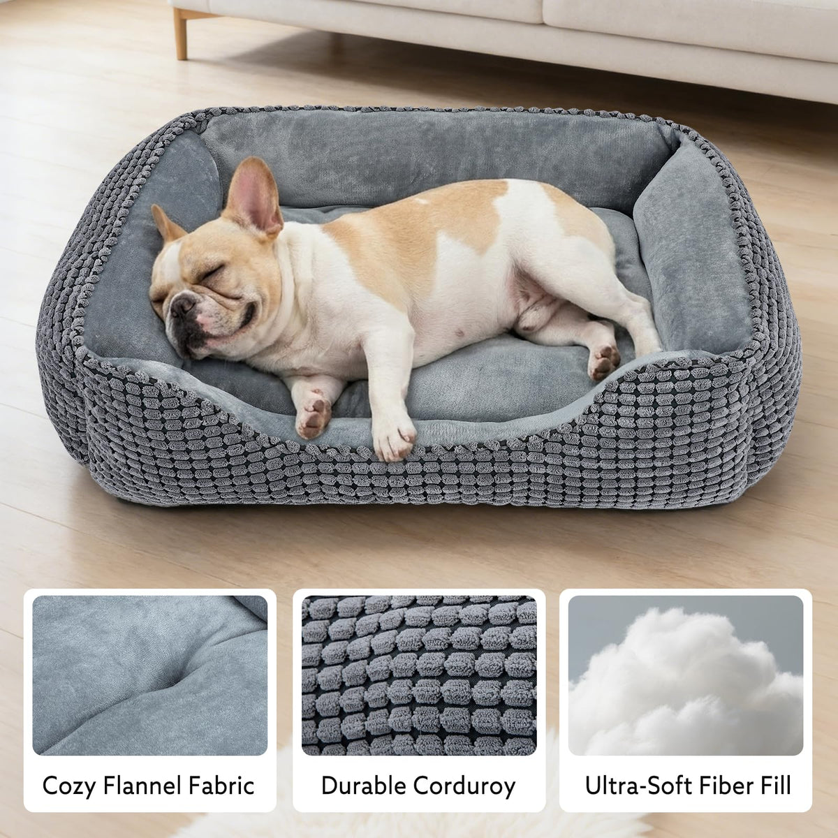 MIXJOY Dog Bed for Large Medium Small Dogs, Rectangle Washable Sleeping Puppy Bed, Soft Calming Cat Beds for Indoor Cats, Orthopedic Pet Sofa Bed, Anti-Slip Bottom with Multiple Size (20'', Grey)