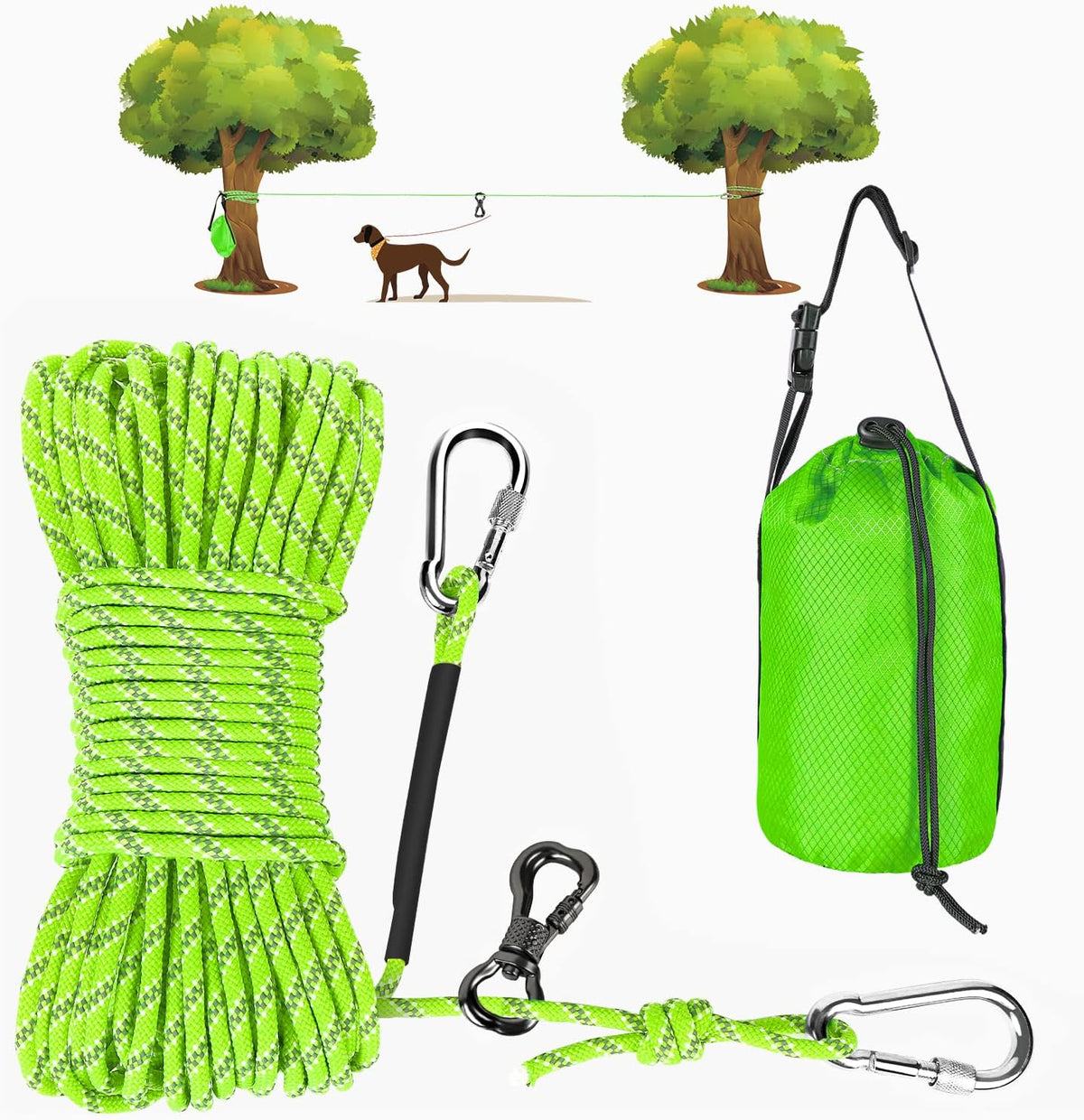 XiaZ Dog Tie Out Cable for Camping, 50ft Portable Overhead Trolley System for Dogs up to 200lbs，Dog Lead for Yard, Campi