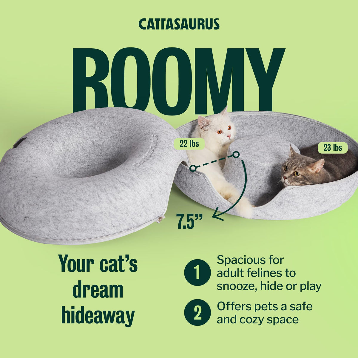Cattasaurus 4-in-1 Peekaboo Cat Cave, Donut Tunnel, Self Warming Bed & Cat-Friendly Scratcher - Original Innovation, High-Density Felt, Extra Large for Multiple Cats up to 30-45 lbs, 12 Color Choices