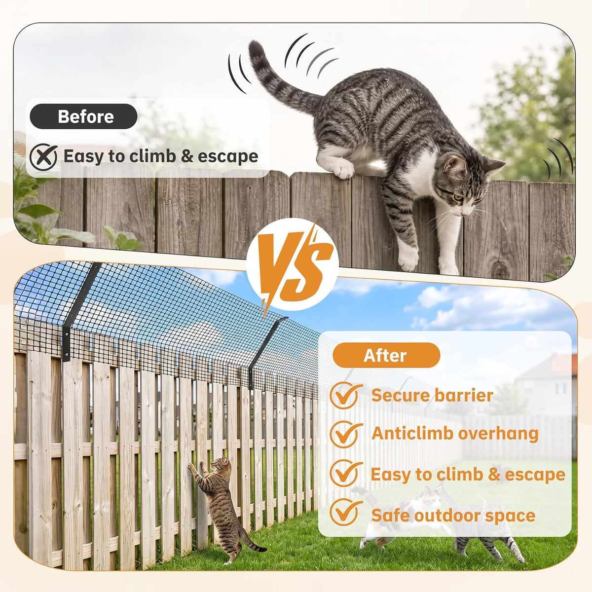 Cat Fence Outdoor Barrier 33FT, Anti-Climb Fence Topper with Install Kit
