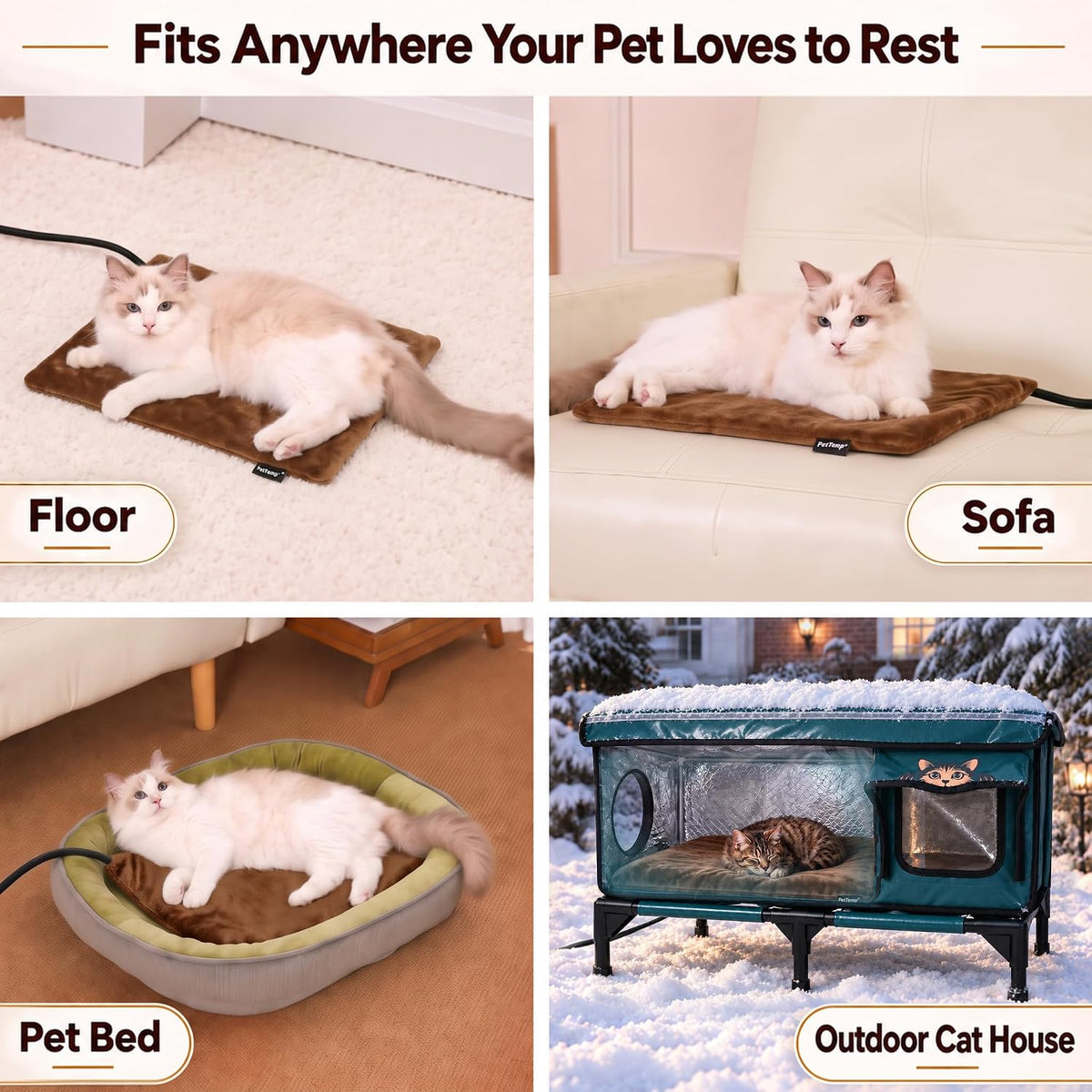 Cat Heating Pad, Heated Cat Bed, MET Safety Listed, Constant Warmth, Brown