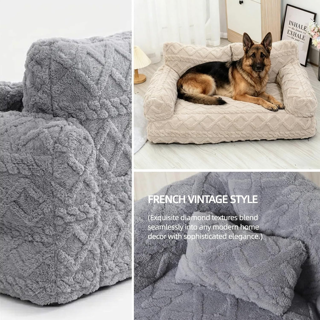 Pet Sofa Dog Cat Plush Calming Pet Sofa Bed for Indoor (Khaki, Small)