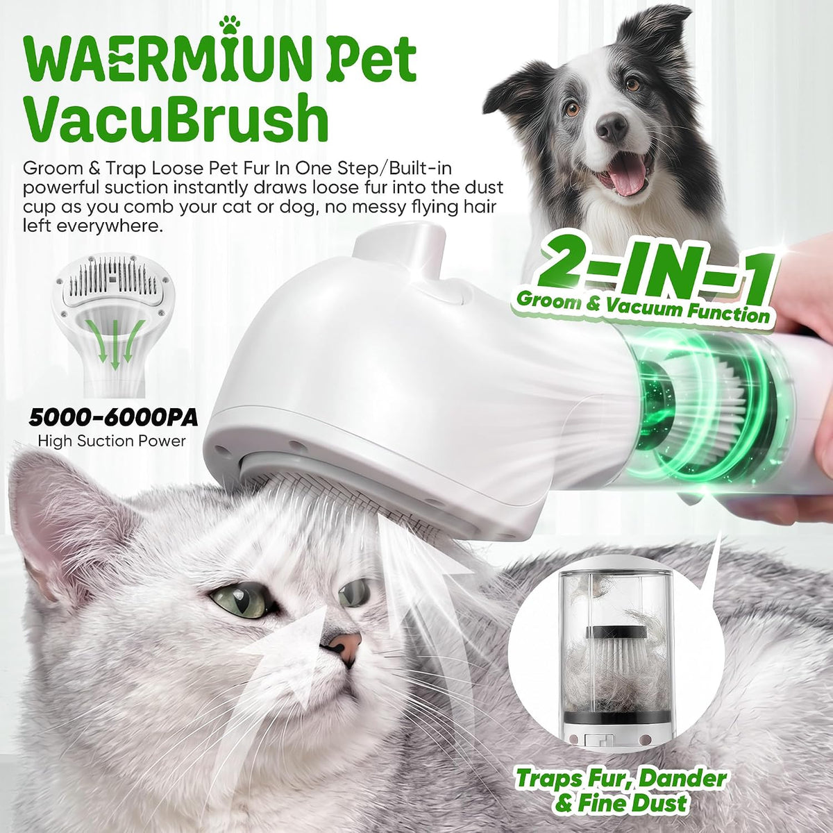 Cat Grooming Vacuum Kit, 5-in-1 Cordless Pet Grooming Vacuum for Cats & Dogs, 6000PA Pet Hair Vacuum, Low-Noise Desheddi