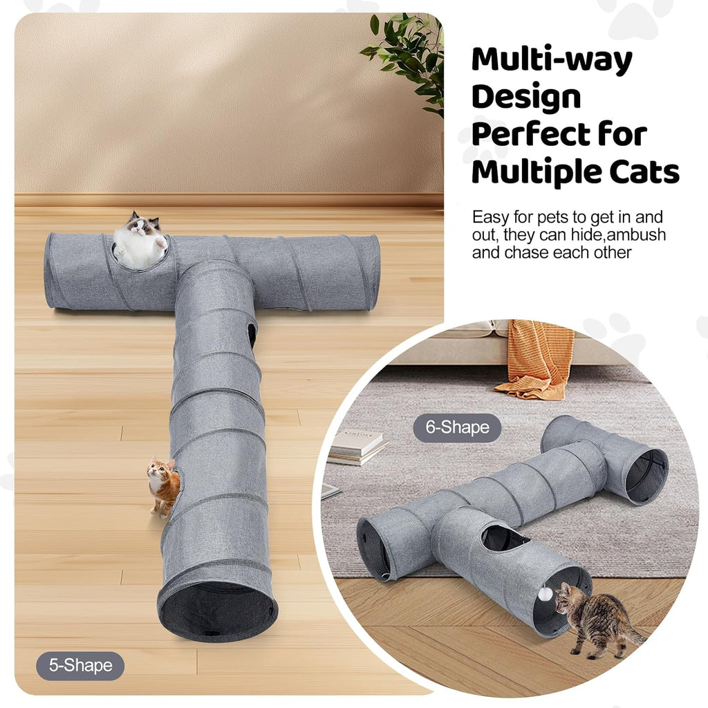 Cat Tunnel, 3 Straight Shaped Tunnels 6 DIY Shapes with Wand Toys, No Noise Scratch Resistant Cool Linen Fabric, Interac