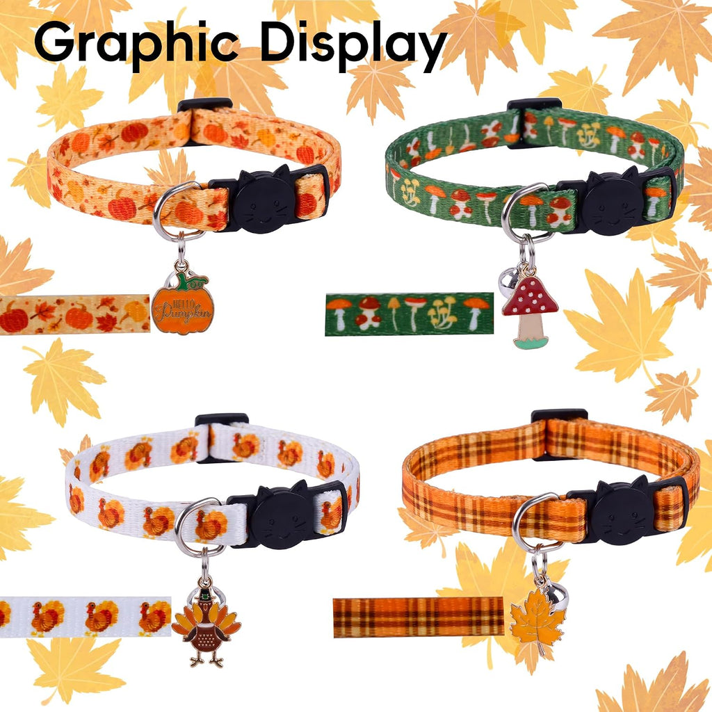 4 Pack Thanksgiving Cat Collars Breakaway with Bell and Charm Adjustable Fall Kitten Collar Set Pumpkin, Turkey, Maple L