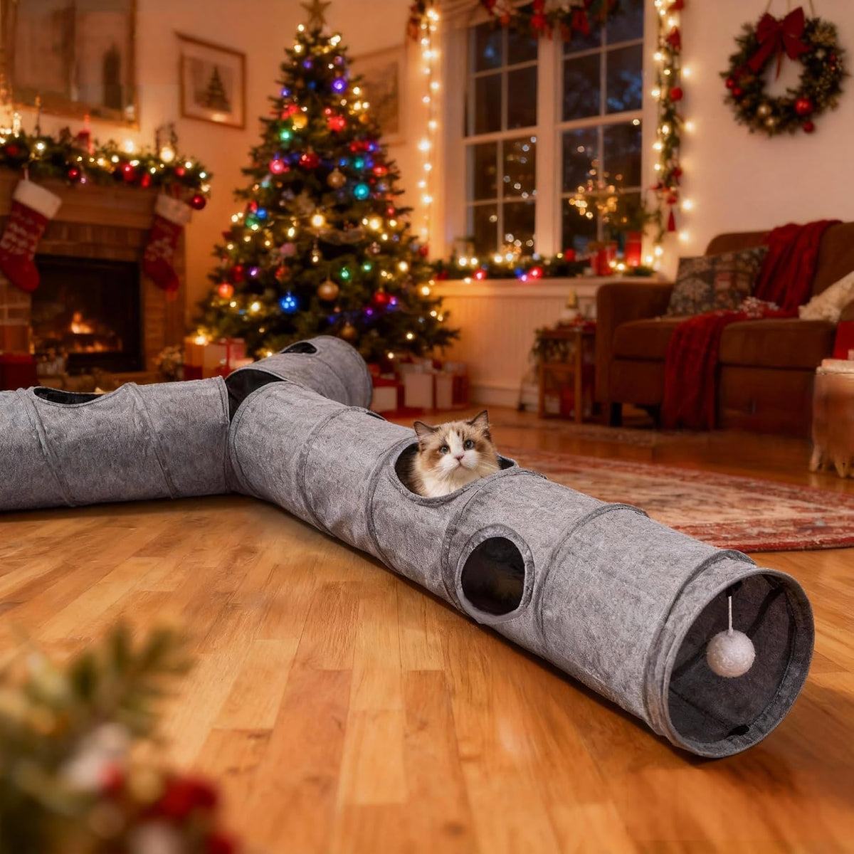 Cat Tunnel, 3 Straight Shaped Tunnels 6 DIY Shapes with Wand Toys, No Noise Scratch Resistant Cool Linen Fabric, Interac