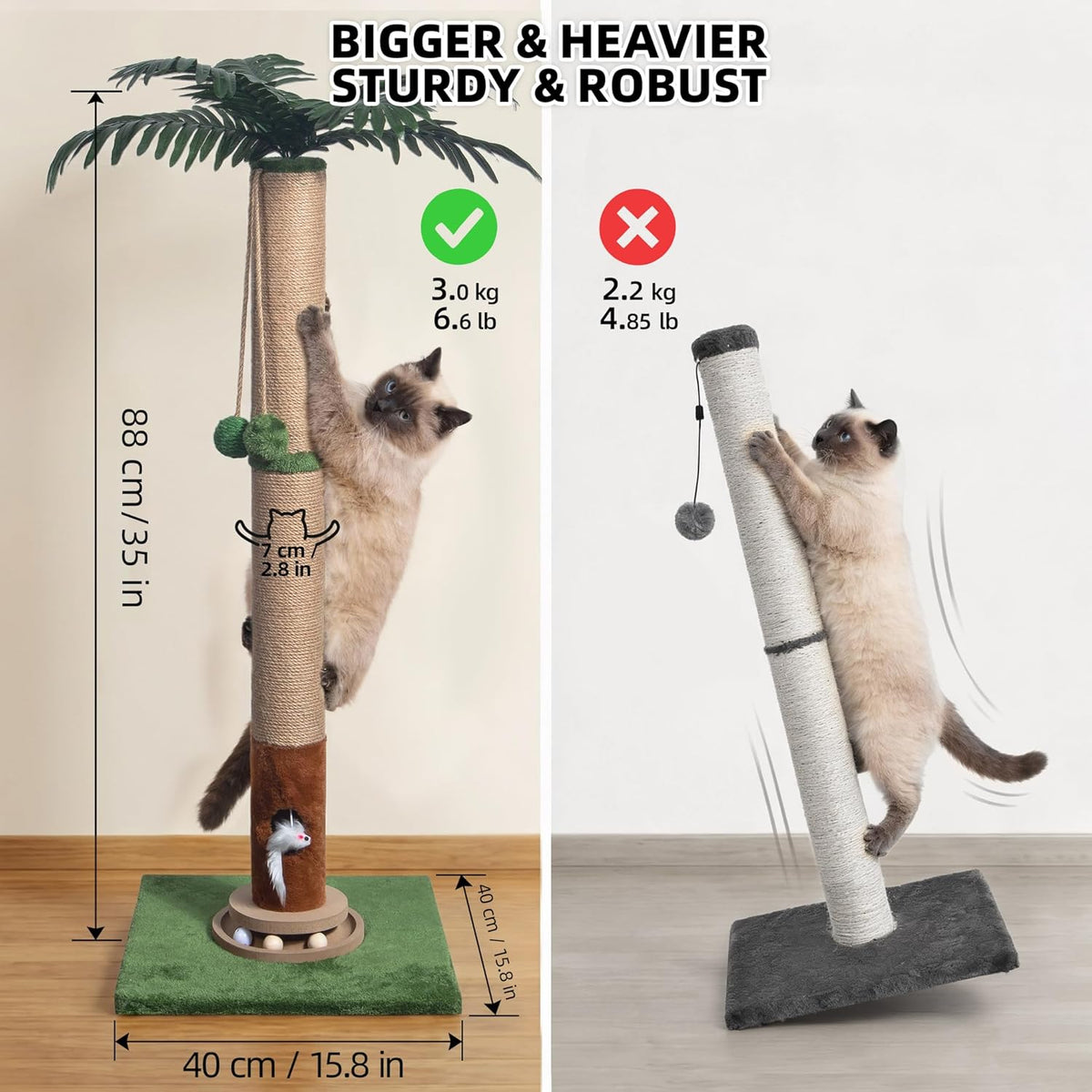 Cat Scratching Post 35'' Tall with Toy Mouse for Indoor Cats, Green
