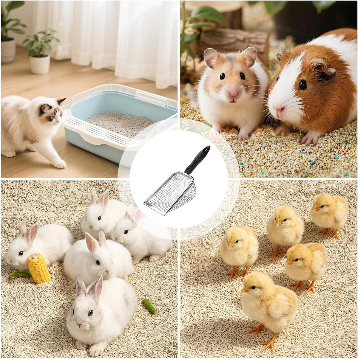 Cat Litter Scoop - Long Handle Scooper, Rustproof Stainless Steel Mesh, Non-Slip Grip, Deep Shovel Sifter for All Litter