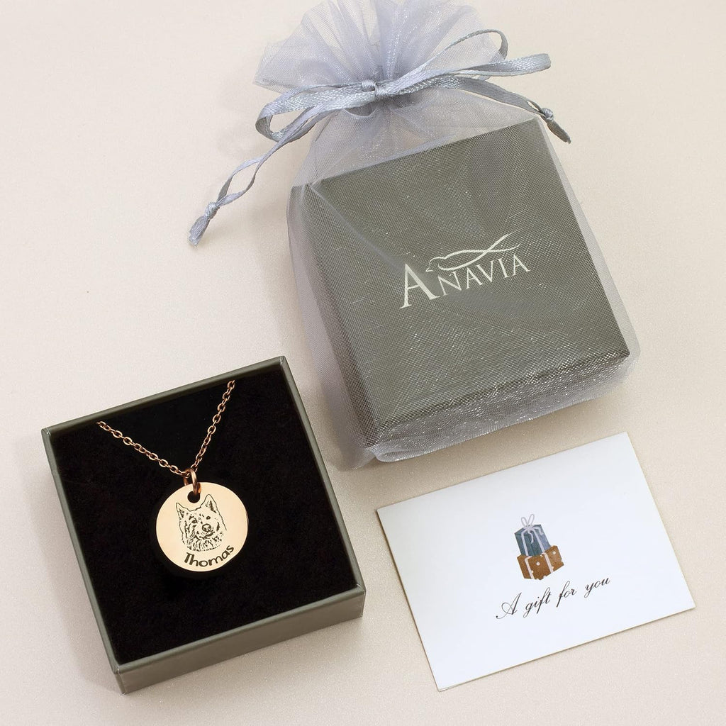Anavia Customized Pet Portrait & Name Necklace, Personalized Pet Gifts Photo Engraved Necklace, Pet Memorial Jewelry Gif